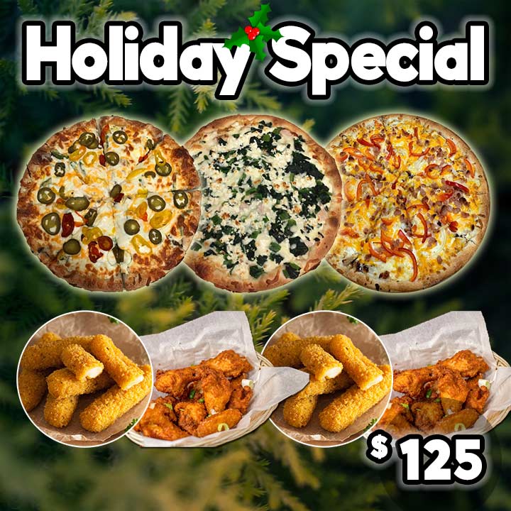 Holiday Special: 3 Large Pizzas, 2 Orders of Wings, and 2 Orders of Mozza Sticks for $125
