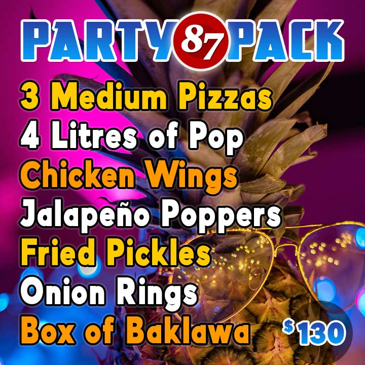 Party Pack: 3 Medium Pizzas, Wings, Jalape&ntilde;o Poppers, Fried Pickles, Onion Rings, 2 Bottles of Pop, and a Box of Baklawa for $130